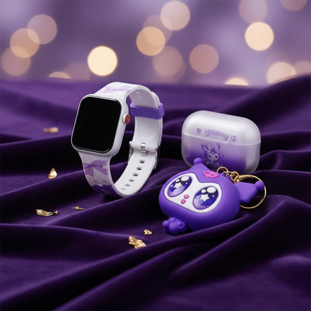 Sanrio Kuromi Stress Relief gift set in its original packaging, featuring a purple cartoon keychain, a purple wrist strap, a purple earbud case, and a purple phone case with Kuromi illustrations.