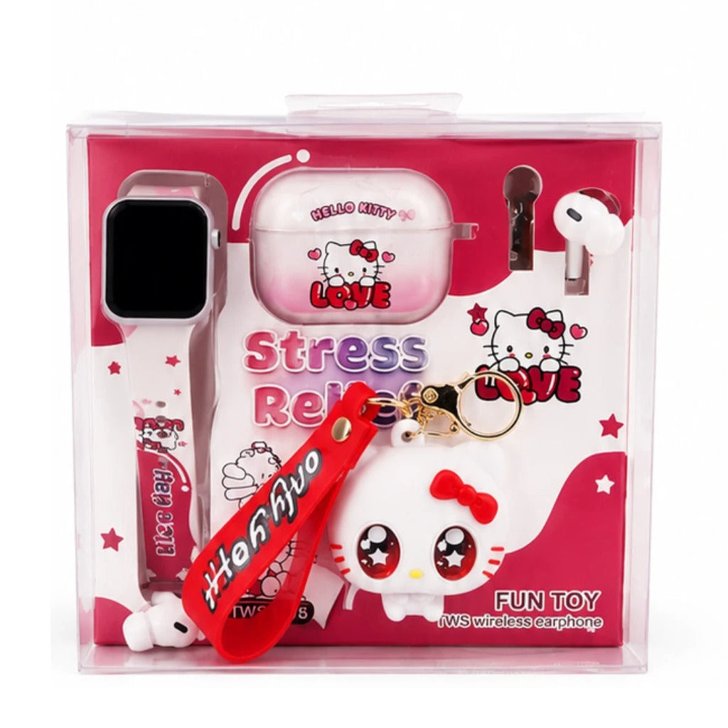 Hello Kitty themed stress relief toy set in a clear plastic packaging box, featuring a red wrist strap, white and pink accessories, and a Hello Kitty keychain, on a white background.