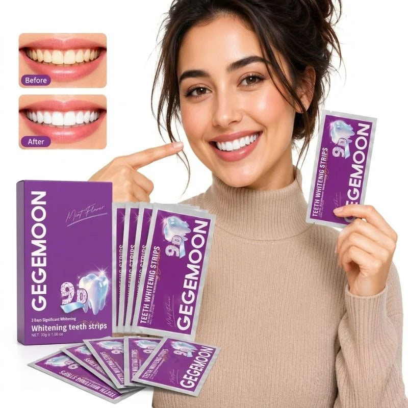 A smiling woman in a beige turtleneck holds GEGEMOON teeth whitening strips, with several purple packet packs fanned out in front. Two small before-and-after mouth close-ups appear in the upper left, showing whitened teeth.