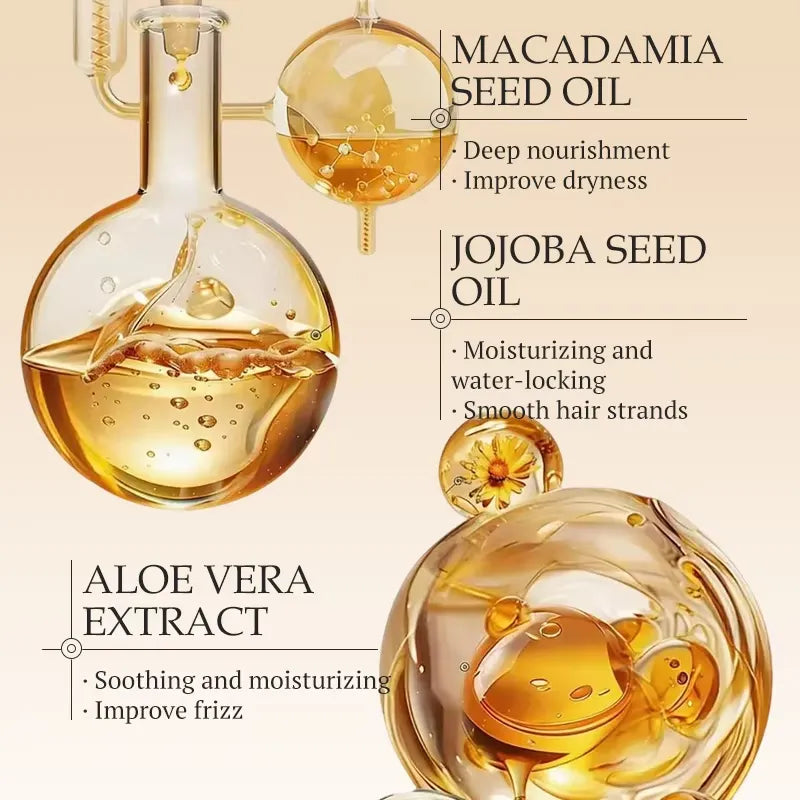 Promotional graphic for hair care oils and extracts, showing three round glass flasks filled with golden liquid on a beige background. Text labels identify the ingredients as macadamia seed oil, jojoba seed oil, and aloe vera extract, with bullet points describing benefits.