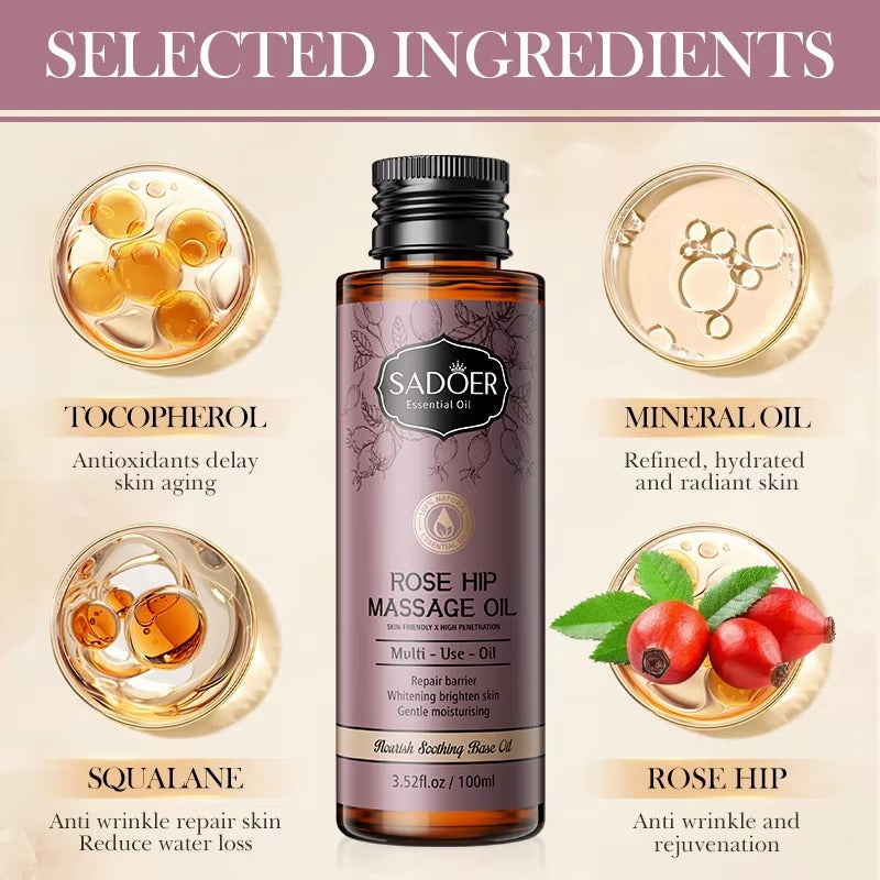 Sadoer Rose Hip Massage Oil with selected ingredients 