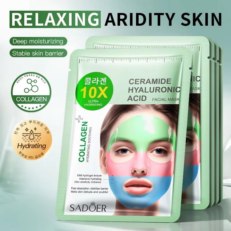 Four packets of Sadoer Collagen 10X Ceramide Hyaluronic Acid Facial Mask arranged in a fan, with a model's face showing a green and blue hydrating mask application. The packaging is light green and white with green and black text.