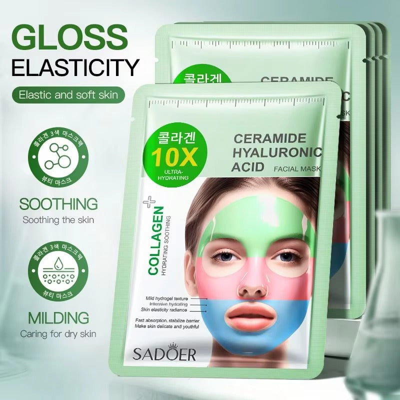 Sadoer Collagen Ceramide Hyaluronic Acid Facial Mask packaging shown in a clean studio-style graphic. The front pack features a model wearing a green, pink, and blue sheet mask, with text highlighting 10x collagen and elasticity benefits.