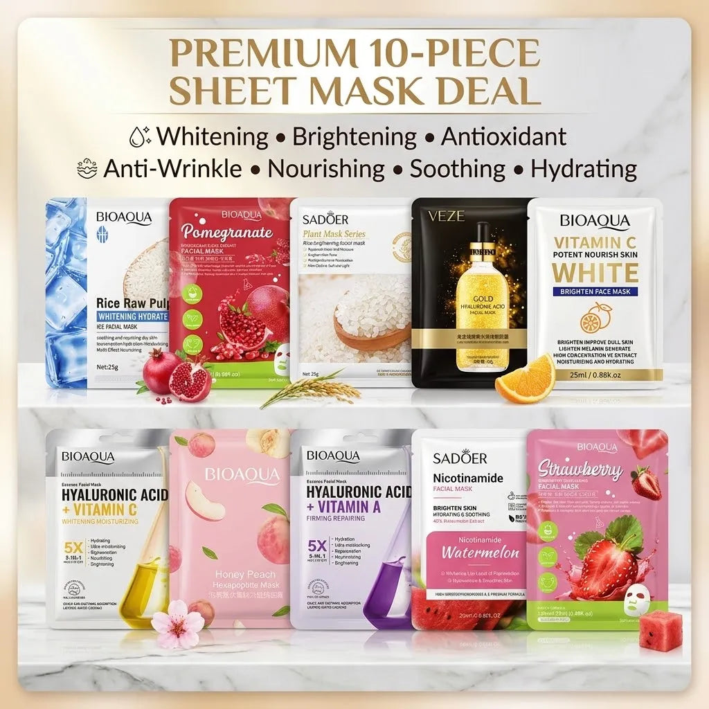 A 10-piece sheet mask set displayed in colorful packaging on a marble surface with promotional text above. The set includes Bioaqua and Sadoer masks in flavors and types such as Rice Raw Pulver, Pomegranate, Plain Series Mask, Vitamin C White, Hyaluronic Acid & Vitamin B5, Hyaluronic Acid & Vitamin A, Nicotinamide, Strawberry, Watermelon, and Peach Blossom.