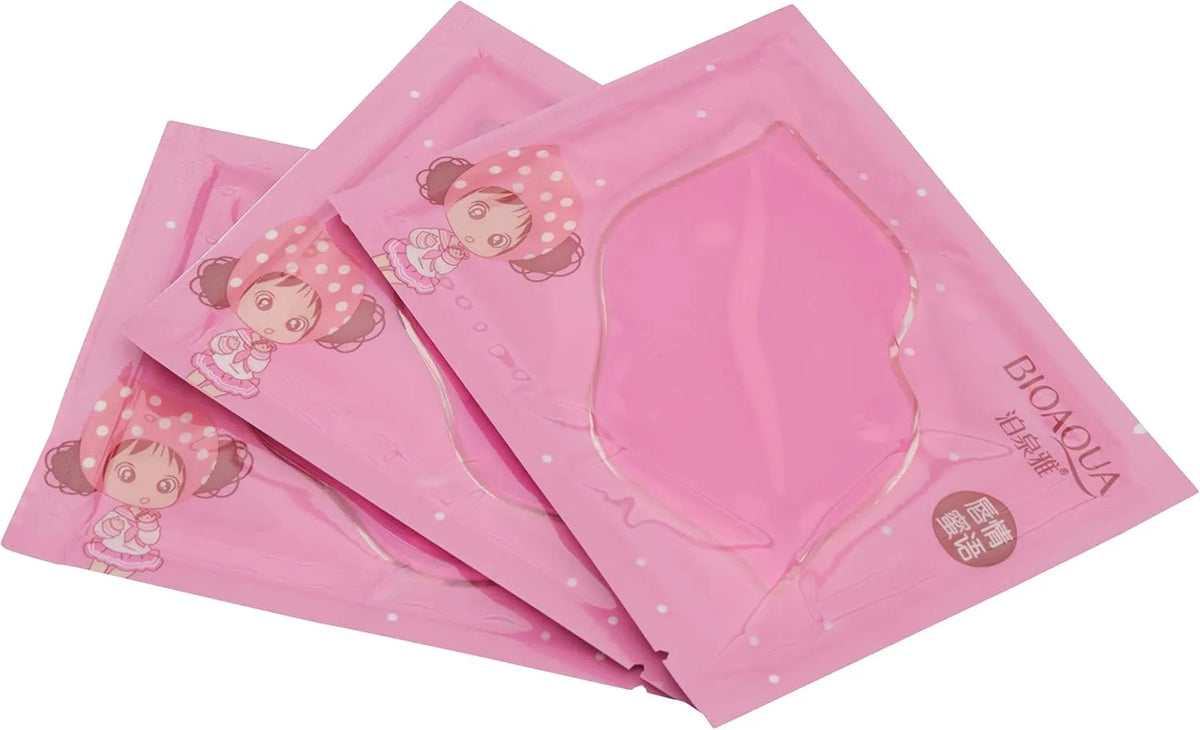 Three pink BIOAQUA sheet mask packets with cartoon girl illustrations, arranged overlapping on a white background.