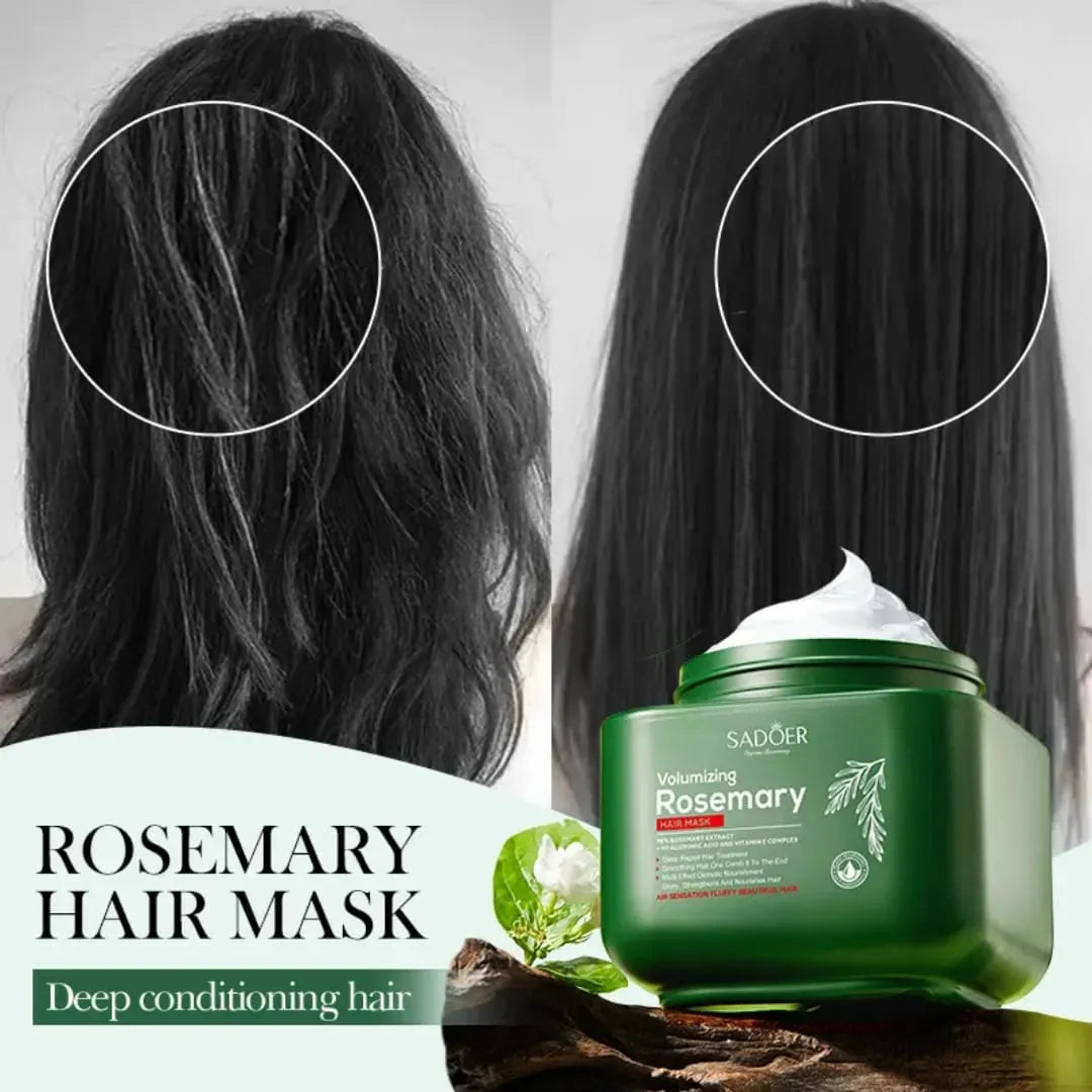 Rosemary hair mask with before and after effect on hair, showing a jar of the product.