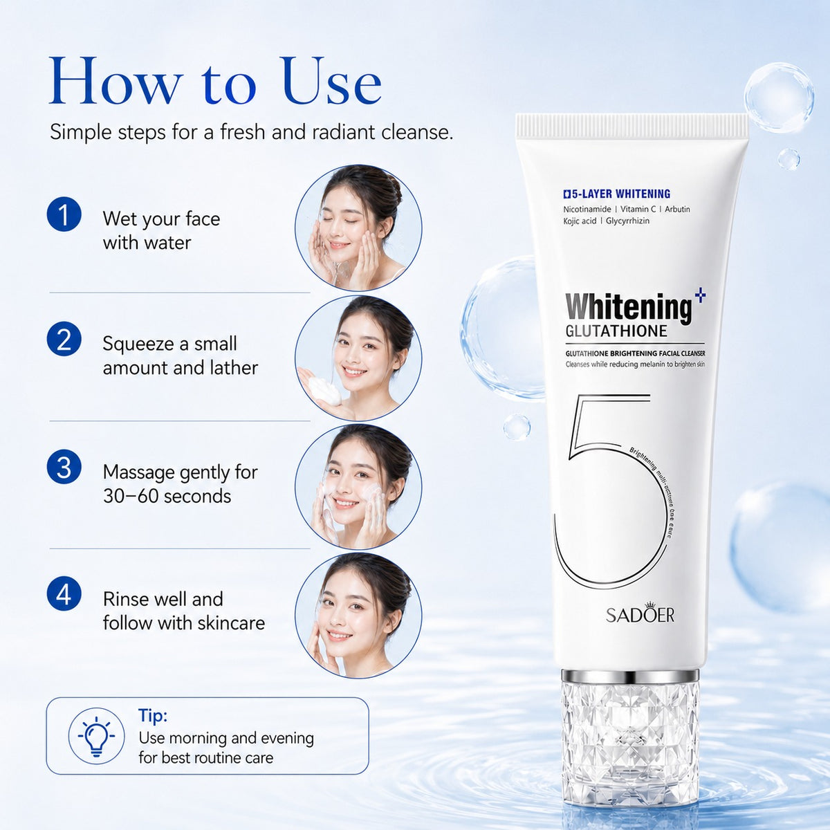 Sadoer Glutathione Whitening Cleanser | Niacinamide & Vitamin C Arbutin Korean Skincare