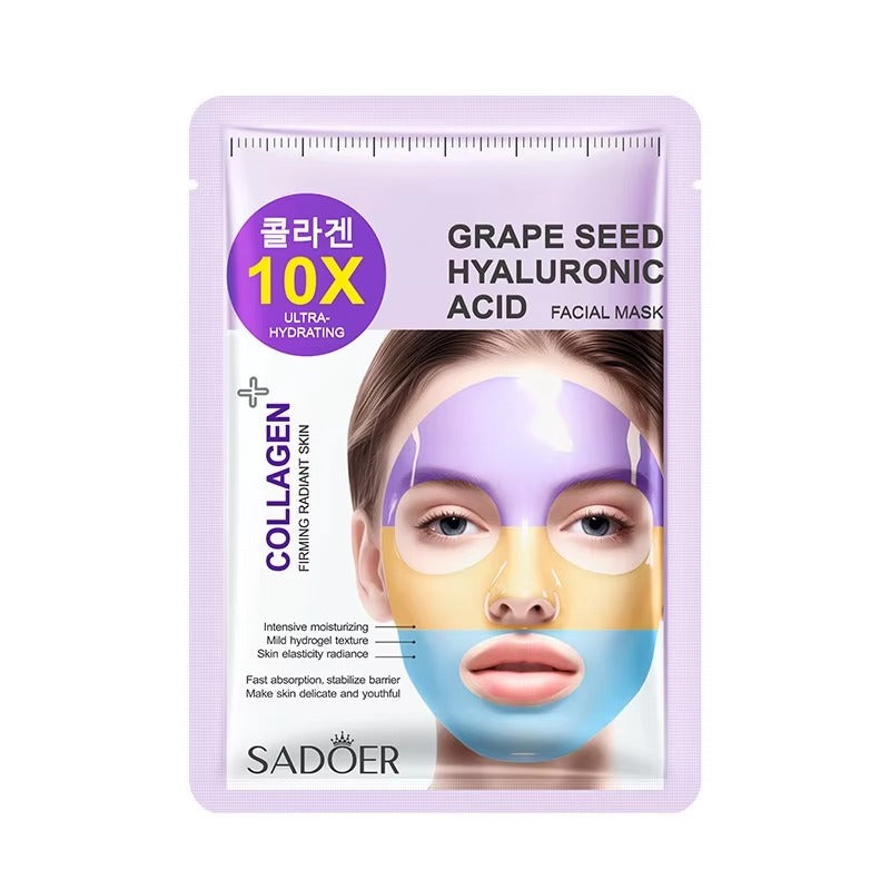 Sadoer Grape Seed Hyaluronic Acid Facial Mask in a lavender stand-up pouch, featuring a graphic of a face with purple and blue mask patches and a purple '10X Collagen Ultra-Hydrating' badge.