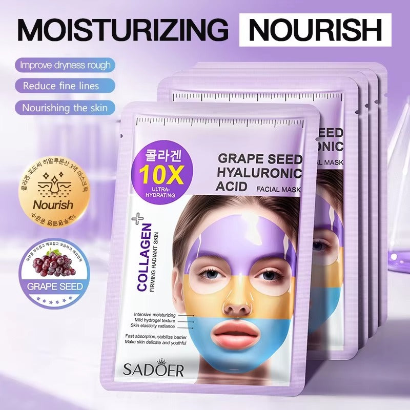 Sadoer facial mask packaging with grape seed and hyaluronic acid ingredients on a purple background