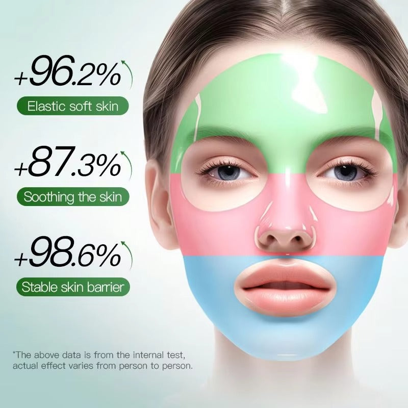 Woman wearing a colorful face mask with text on a light green background
