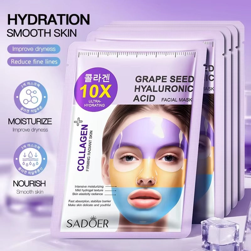 SADOER facial mask packaging with hydration benefits on a purple background