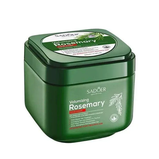 Green jar of Sadoer Volumizing Rosemary hair product on a white background