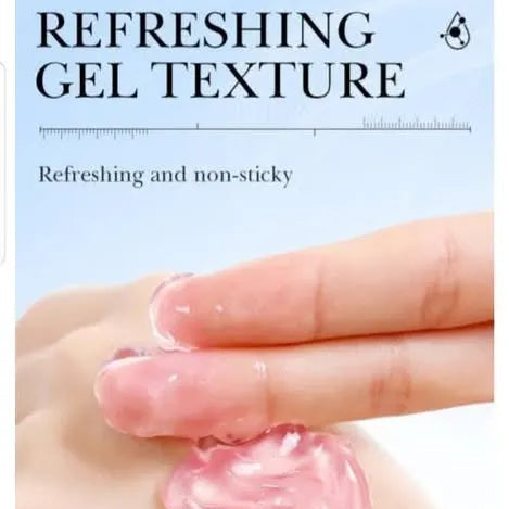 A close-up of a hand and fingers showing a translucent pink gel texture, with text reading 'REFRESHING GEL TEXTURE' and 'Refreshing and non-sticky' on a light blue background.