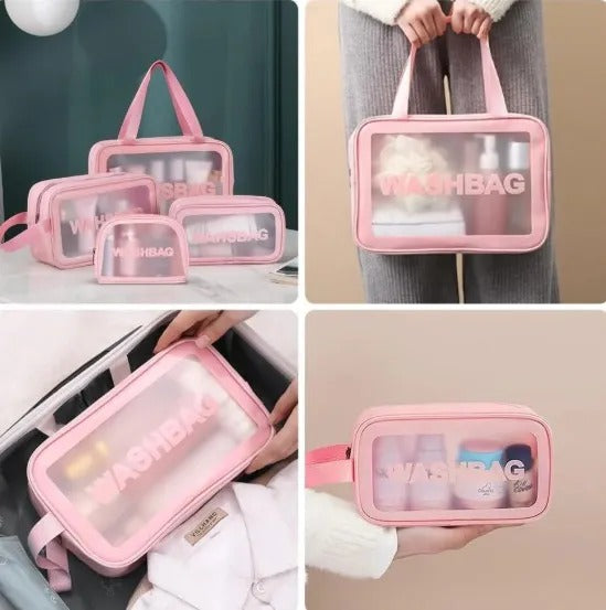 3-Piece Portable Travel Wash Bag – Transparent Waterproof Makeup Organizer Pouch Set