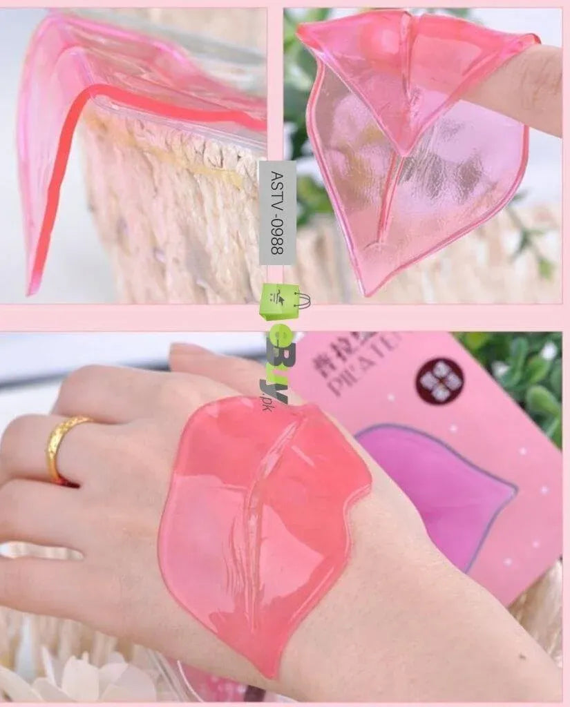 A collage showing a translucent pink lip-shaped gel pad applied to a hand and held between fingers, with a close-up of the flexible material and part of its pink retail box visible.