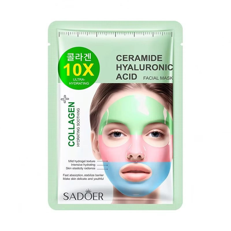 Sadoer facial mask packaging with a woman wearing the mask on a white background