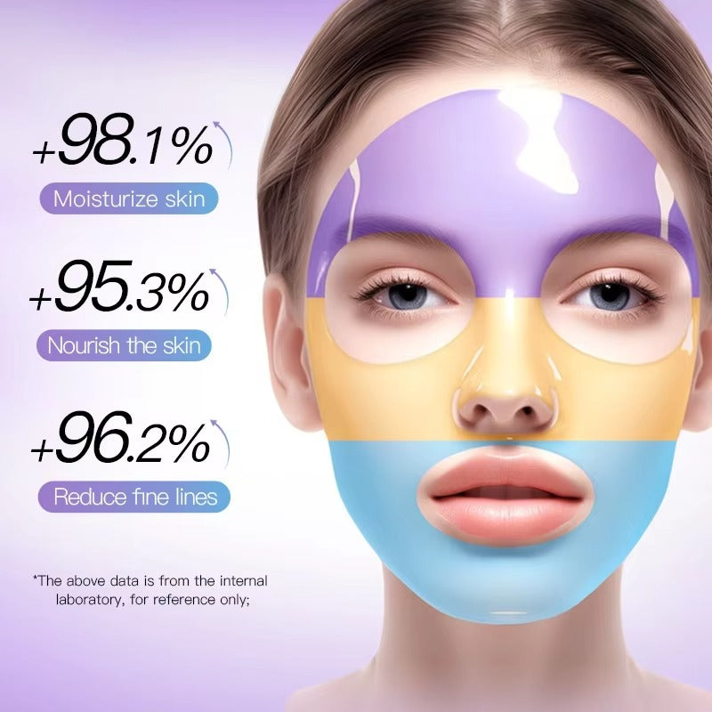A close-up of a woman's face wearing a three-layered purple, yellow, and blue skincare mask, with promotional text on the left claiming benefits for skin moisturization and fine line reduction.