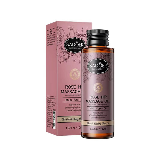 Sadoer Rose Hip Massage Oil bottle and packaging on a white background