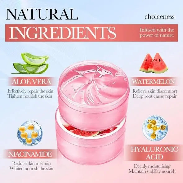 A cosmetic ingredient infographic for a pink jar of skin cream or serum. The design features the text 'NATURAL INGREDIENTS' and 'choiceness' on a light blue-to-pink gradient background, with illustrations of aloe vera, watermelon, niacinamide, and hyaluronic acid surrounding the open pink container.