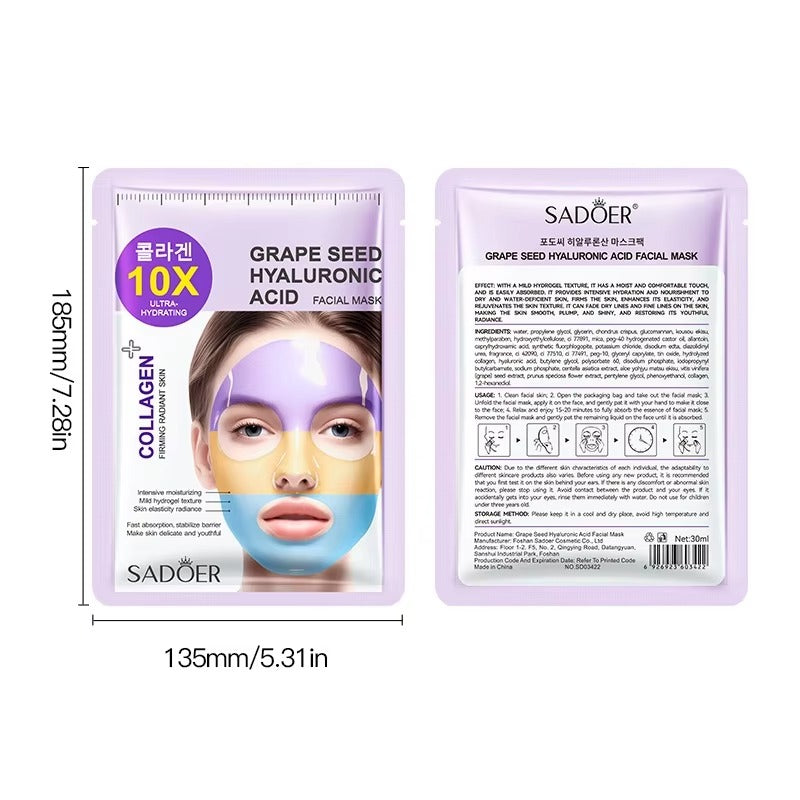 Two SADOER grape seed hyaluronic acid facial mask packets shown on a white background, with one front-facing and one back-facing, plus dimension labels indicating 135mm by 185mm.
