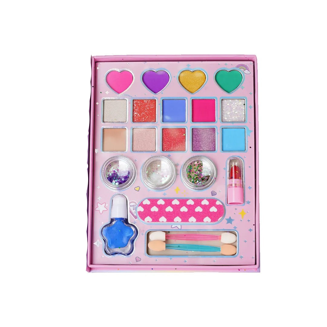 A children's makeup kit in a pastel pink box with a starry design, containing multiple colorful makeup pans, two small round jars, a blue star-shaped bottle, a pink heart-patterned case, and dual-ended applicators, shown open on a white background