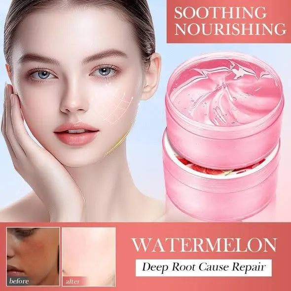 A cosmetic product ad showing a woman touching her face beside a pink jar of cream labeled 'SOOTHING NOURISHING' and 'WATERMELON Deep Root Cause Repair.'.