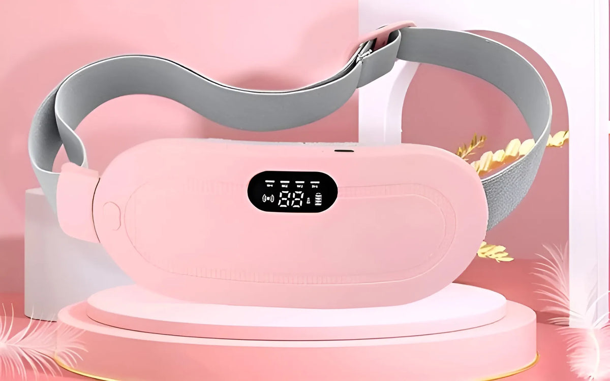 Pink neck massager with digital display on a pink background