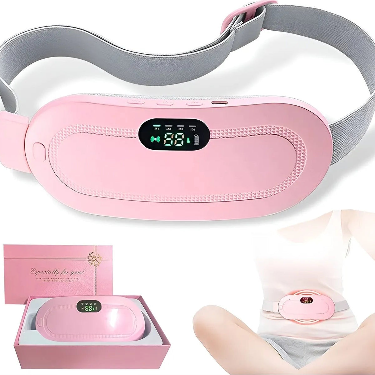 Pink belly button device with digital display, packaging, and a person wearing it.