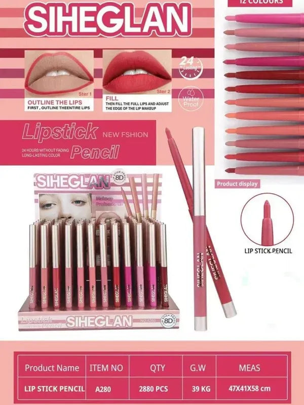 SIHEGLAN Lipstick Pencil display pack with multiple pink and red lip liner pencils, a single pencil shown upright, before-and-after lip application examples, a color swatch strip, and a bottom table listing product name, item number, quantity, G.W.