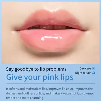 Close-up of glossy pink lips with marketing text below reading 'Give your pink lips' and 'Say goodbye to lip problems' on a blue background.