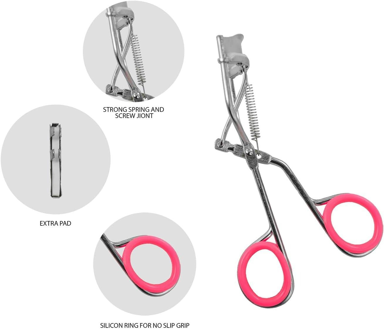 A pair of eyelash extension clamps with bright pink finger grips and a silver metal body, shown on a white background with three circular callout insets highlighting the spring and screw joint, an extra pad, and a silicone ring.