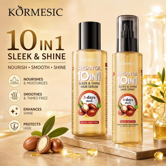 Two Körmesic 10-in-1 Argan Oil hair care bottles on a wooden tray with argan nuts and leaves, set against a warm golden background with decorative lights and text highlighting nourishing, smoothing, and shining benefits.