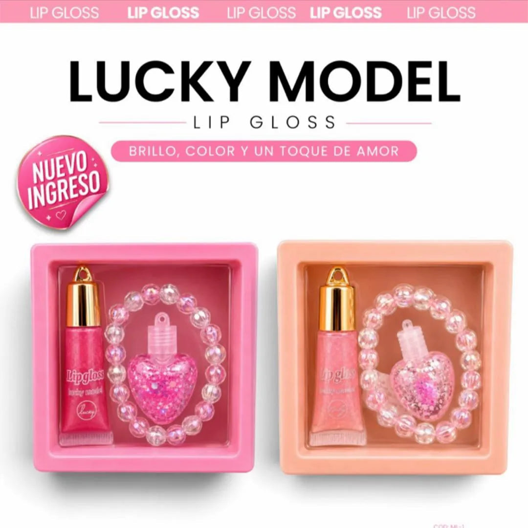 Promotional graphic for a pink lip gloss set called 'Lucky Model Lip Gloss' showing two gift boxes with lip gloss bottles and pearl heart accessories, plus smaller package views and pricing text on a white background.