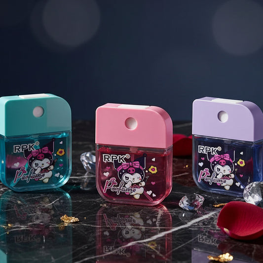 Three small Kuromi-themed refillable air freshener bottles with pastel-colored caps (teal, pink, and purple) and cream-colored bases, displayed on a white surface with a blue sky backdrop, daisies, and green leaves