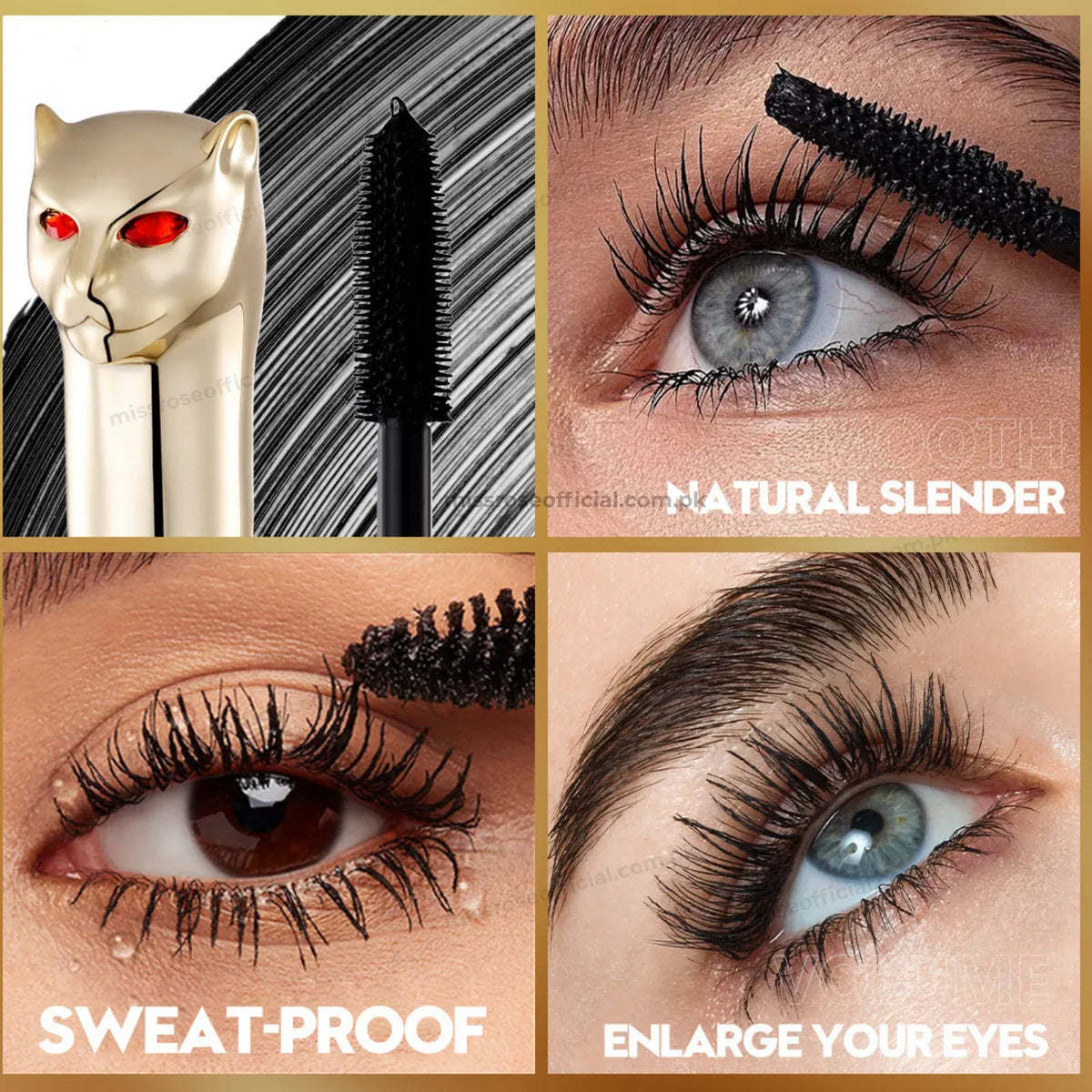 A four-panel promotional collage for a cat-shaped eyelash mascara wand. The top-left panel shows the gold cat head tube with red eyes next to the black mascara wand.