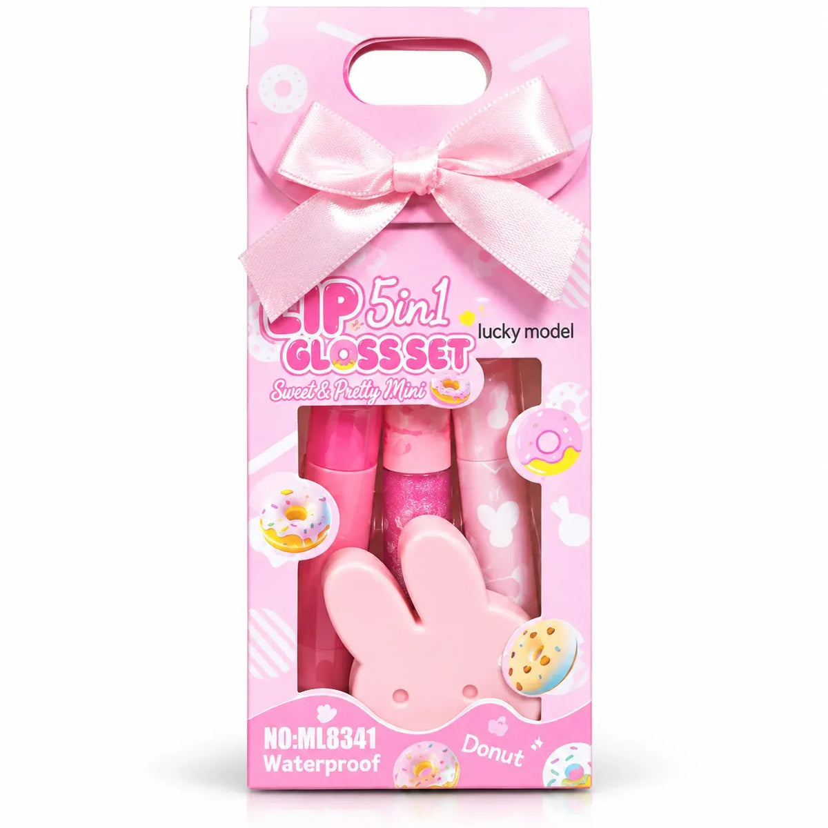 A pink 5-in-1 gloss set in its original retail packaging, featuring a large pink satin bow at the top, a bunny-shaped applicator, and three lip gloss tubes visible through a clear window.