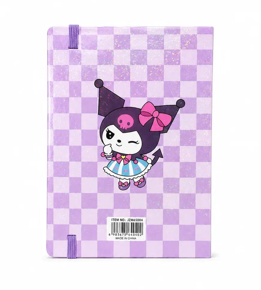 A hardcover notebook featuring a lavender and light purple checkerboard pattern with a glittery finish. The cover is decorated with an illustration of the character Kuromi wearing a pink bow and dress, and includes an elastic closure band and a barcode label near the bottom.