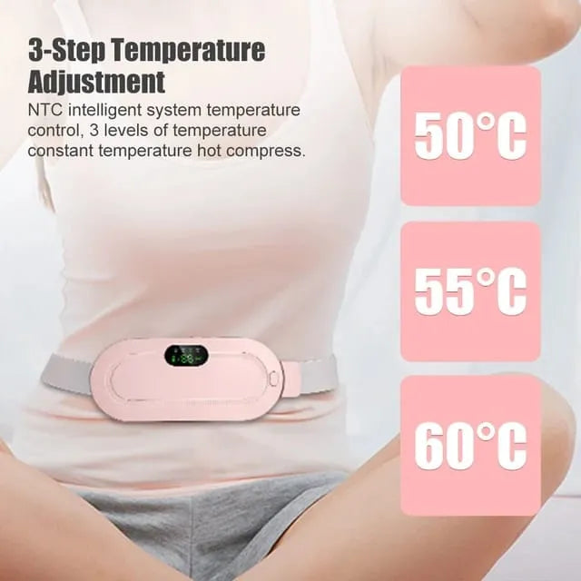 Pink heating pad on a person's waist with temperature display and adjustment options.