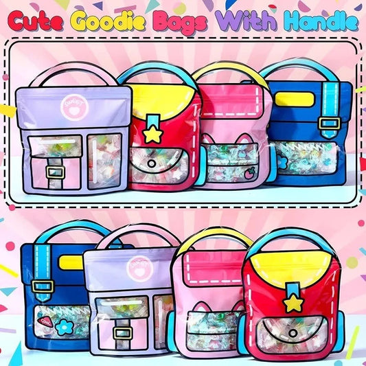 Colorful goodie bags with handles on a pink background