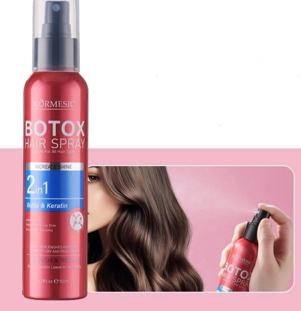 A red bottle of kORMESIC BOTOX HAIR SPRAY shown prominently on a white background, with a pink inset showing a woman's wavy hair and a hand holding the spray bottle.