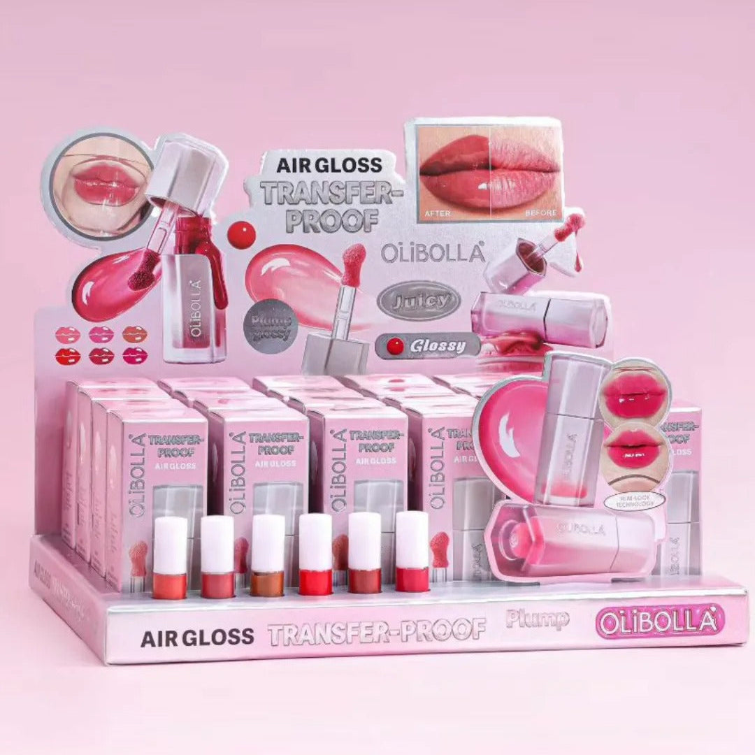 Display of Olibolla air gloss lip products on a pink background