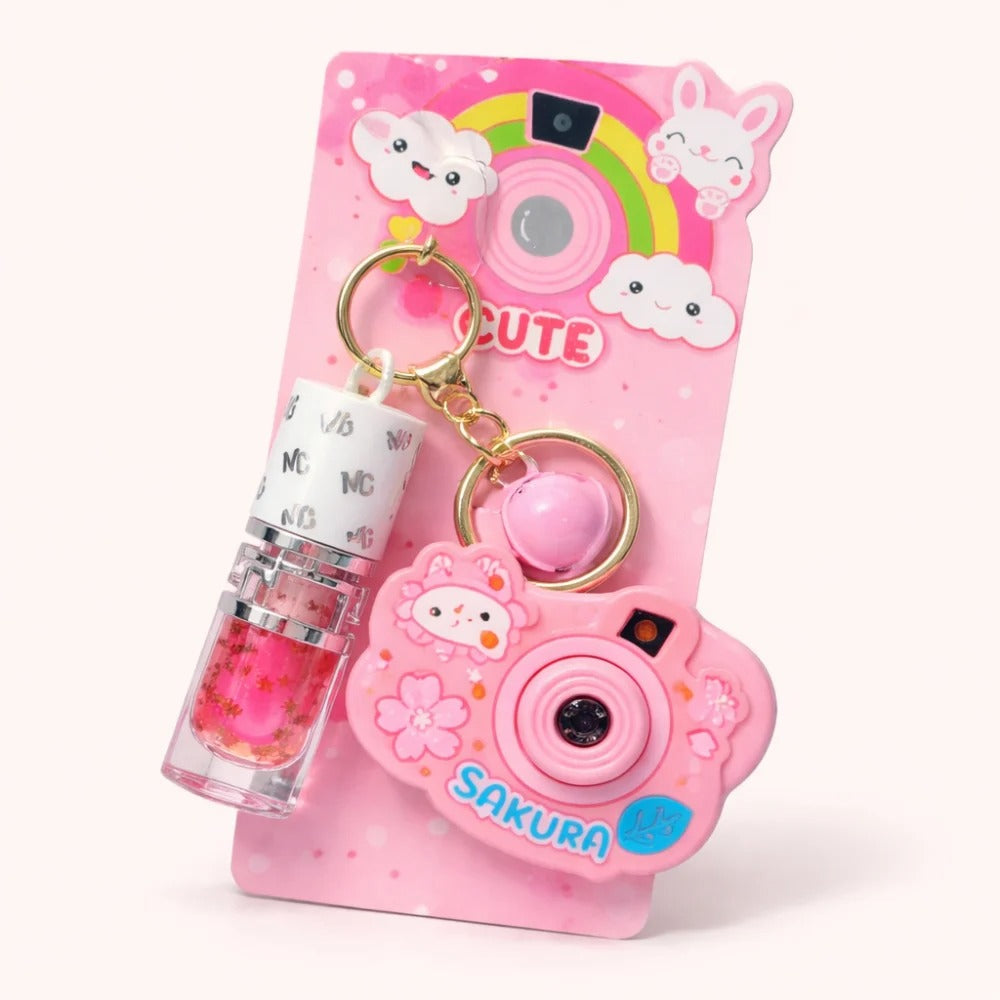 Cute Lip Gloss with Sanrio Projection Camera Keychain – Kawaii Beauty Gift