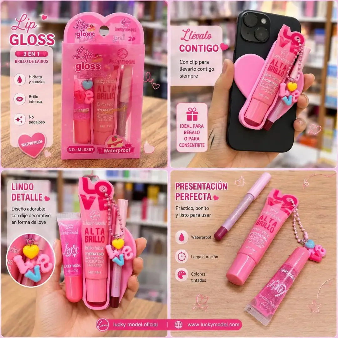 A 4-panel collage showcasing a pink lip gloss set from 'Lindo Alta Brillo' in Spanish. The set includes a boxed tube of lip gloss, a lip gloss tube with a heart-shaped pink holder, a lip liner, and a lip balm with a 'LOVE' keychain charm.