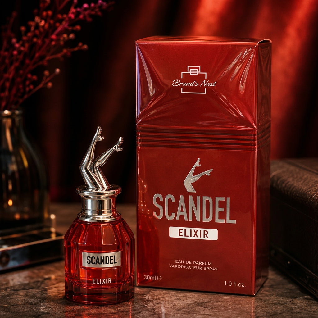 A bottle of Scandal Elixir Eau de Parfum next to its red packaging box, featuring a metallic figure cap and a red glass bottle, set against a dark, warm-toned background with a 'Scent Siege' watermark in the top left corner.