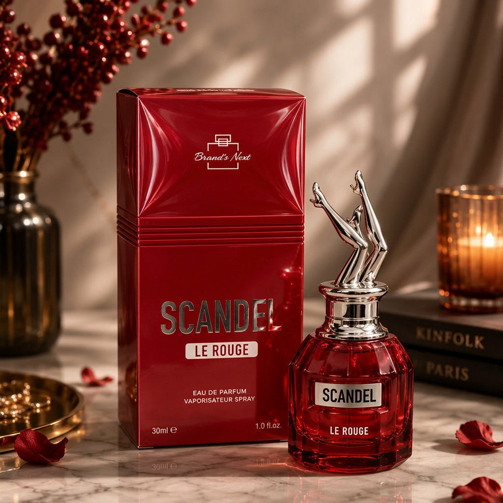 A red perfume box and matching bottle labeled 'Scandal Le Rouge' are displayed on a marble surface with decorative props including a candle, books, and scattered rose petals. The bottle has a metallic silver figure cap and the box shows 'Bourgeon's Nest' branding.