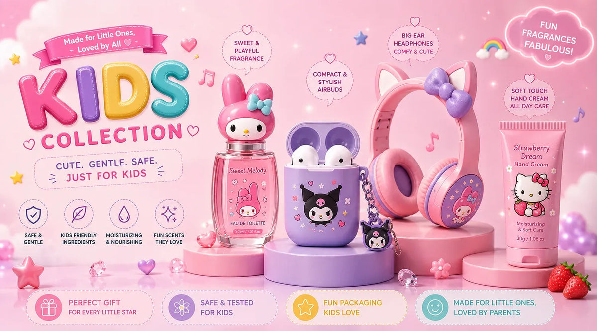 A pink promotional collage for a kids fragrance collection, showing a My Melody perfume bottle, a Hello Kitty tube, and pink headphones on pastel display stands with decorative text and icons.