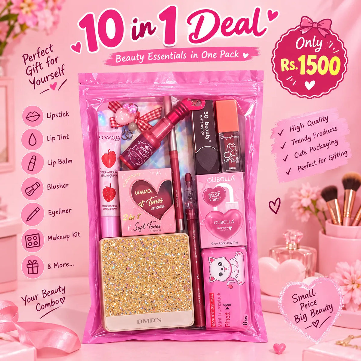 A pink 10-in-1 beauty gift set in a clear pink resealable pouch, featuring assorted lip products, makeup items, and a glittery gold square compact. The image includes promotional text overlays in Hindi and English, such as '10 in 1 Deal', 'Only Rs 1500', and lists of included items like lipstick, lip tint, lip balm, blusher, eyeliner, and makeup kit.