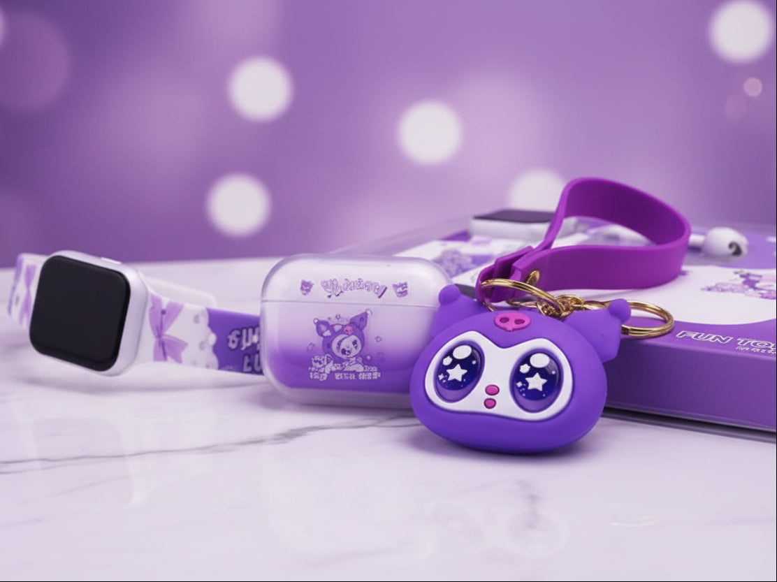 A purple cartoon-themed stress relief kit in its retail packaging, featuring a watch with a purple band, a small purple case, and a cute purple character keychain charm.