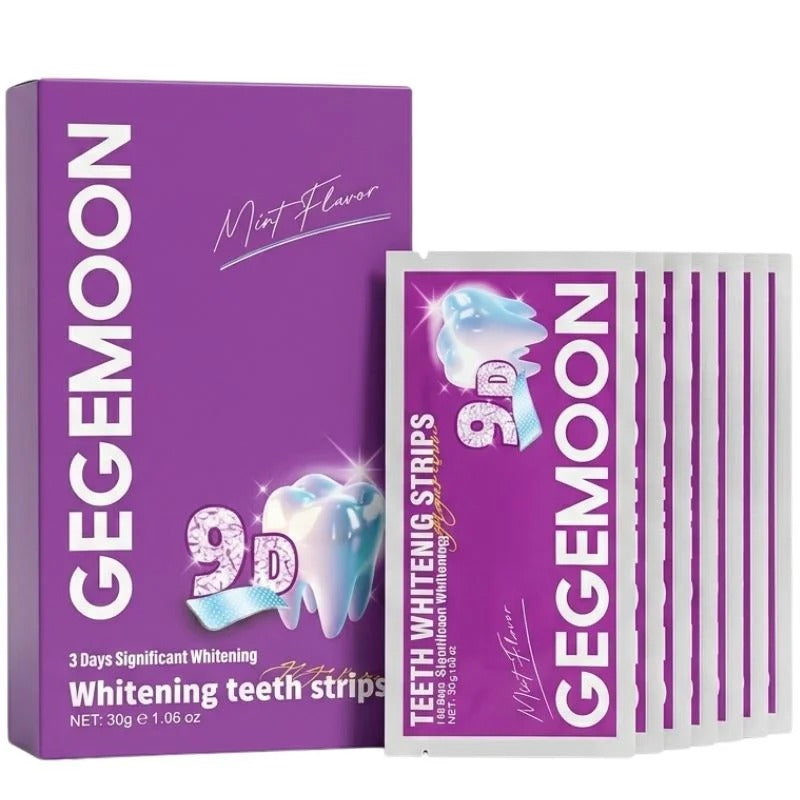 GEGEMOON 9D teeth whitening strips in mint flavor, showing the purple retail box and a fan of individual white packets with purple labels.