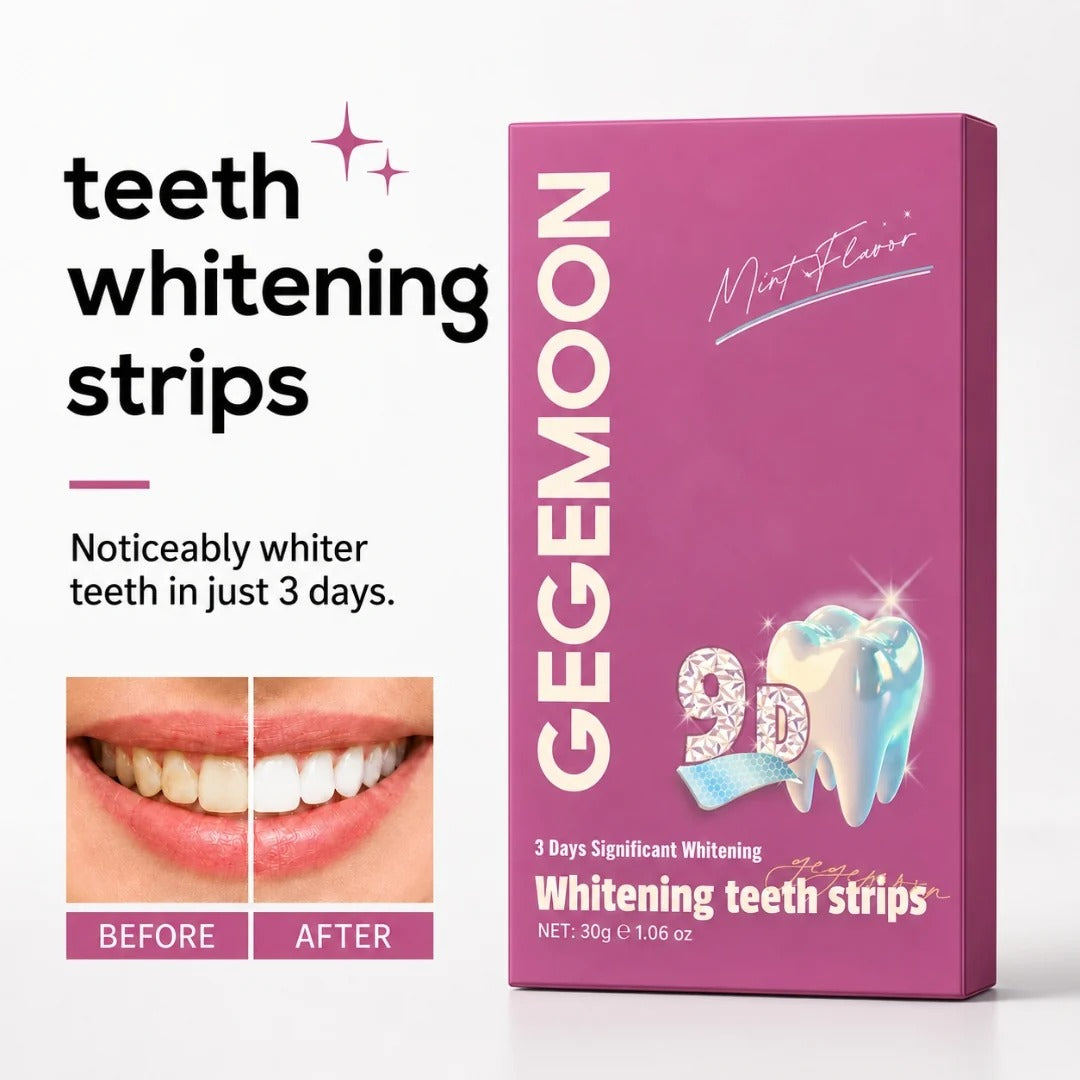 GEGEMOON teeth whitening strips box in magenta pink packaging, shown next to a before-and-after teeth whitening result graphic with text on a white background.